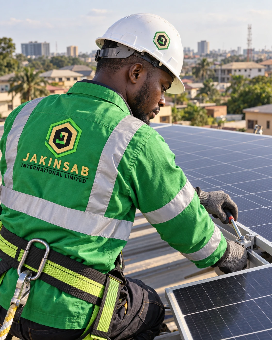 A Black solar engineer in a Jakinsab-branded safety jacket and helmet installing rooftop solar panels